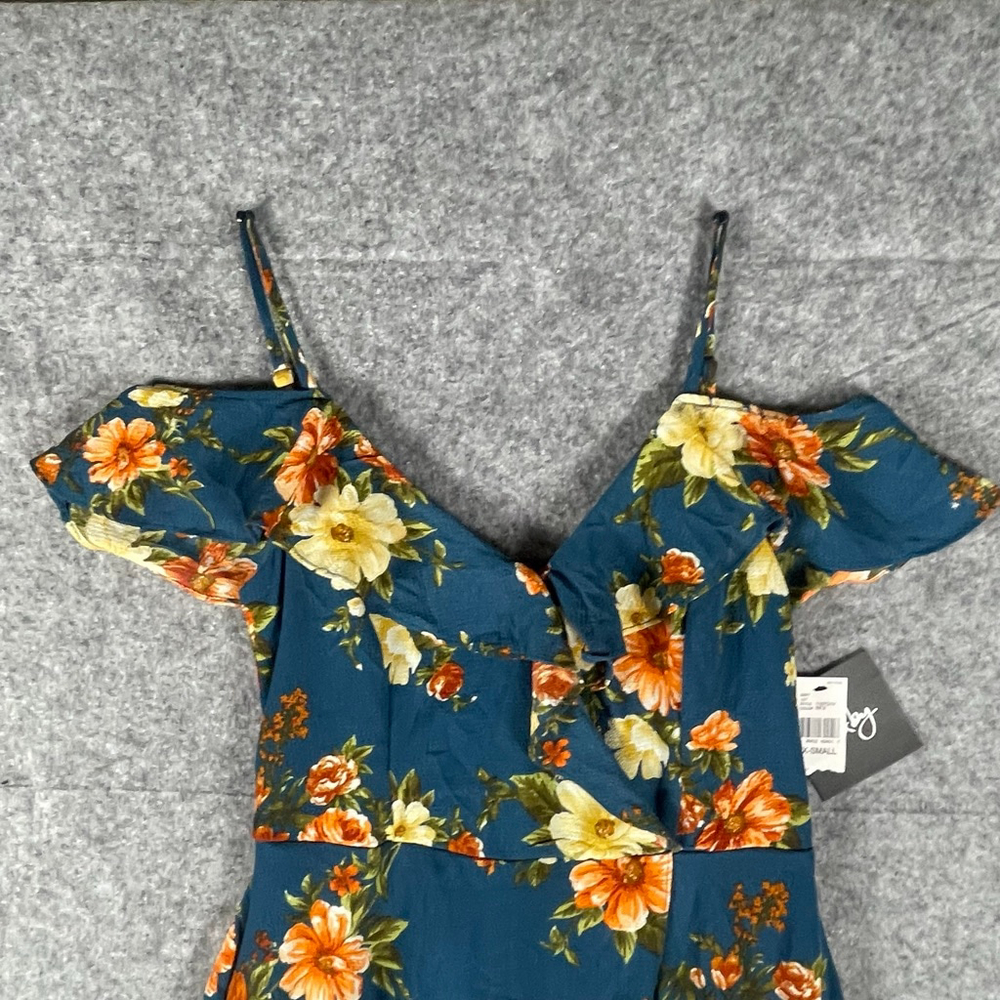 By & By NWT Women’s Floral High-Low Maxi Dress Teal Cold Shoulder Boho Ruffle XS - Picture 3 of 12
